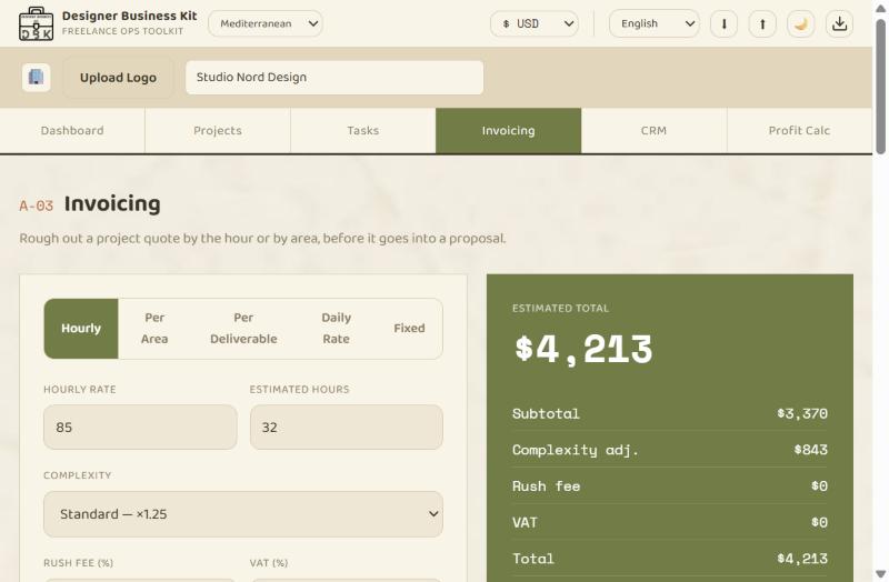 Invoicing screen: pricing calculator and quote/invoice summary