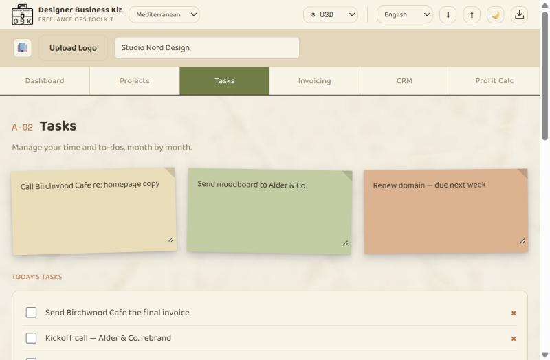 Tasks screen: sticky notes, today's tasks, and calendar